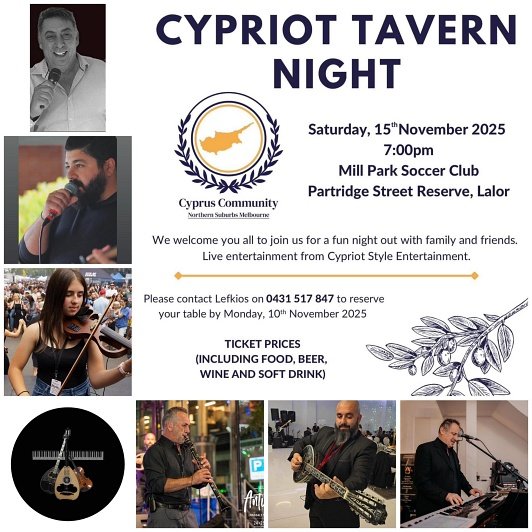 We welcome you all to join us for a fun night out with family and friends. Live entertainment from Cypriot Style Entertainment.